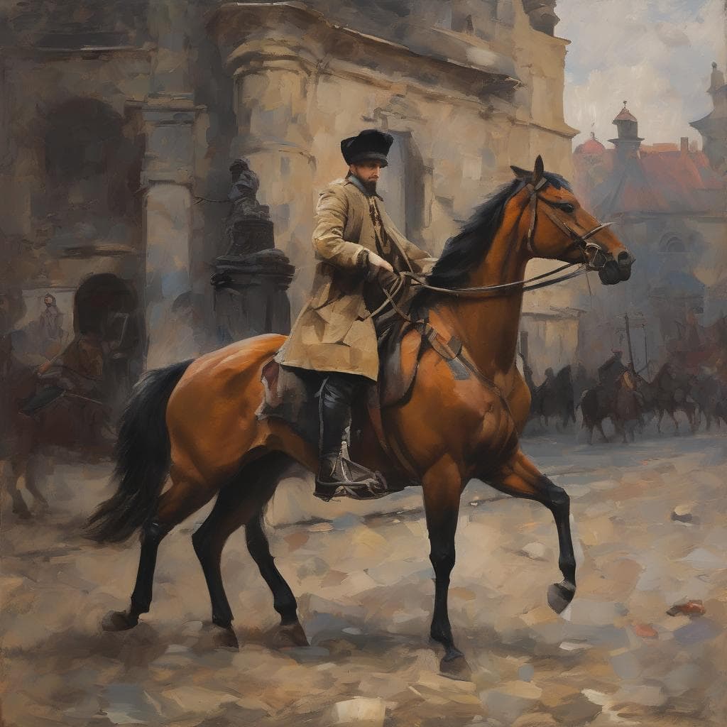 Άνδρας σε άλογο σε ιστορική πόλη, τέχνη και πολιτισμός, πορεία προς την καλλιτεχνική αναγνώριση.