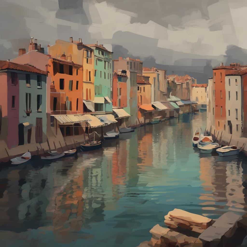 Κιόσκες, καλλιτεχνική αναγνώριση, Ιταλία, πολύχρωμα σπίτια, υδάτινο τοπίο, καλλιτεχνική πορεία, τέχνη, ζωγραφική, παραθαλάσσια πόλη, σκηνή, έργο τέχνης.