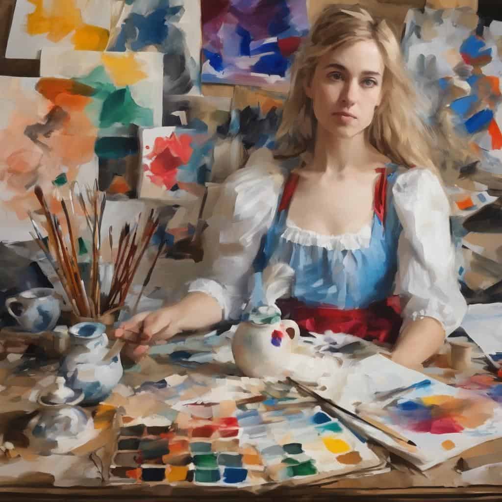 Χαρακτικό πορτρέτο καλλιτέχνη σε στούντιο ζωγραφικής, προώθηση καλλιτεχνικής αναγνώρισης και δημιουργικότητας.