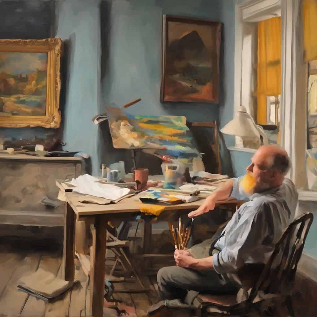 Ζωντανό στούντιο ζωγραφικής με καλλιτέχνη σε δημιουργική διαδικασία, έργα τέχνης και καμβάδες.