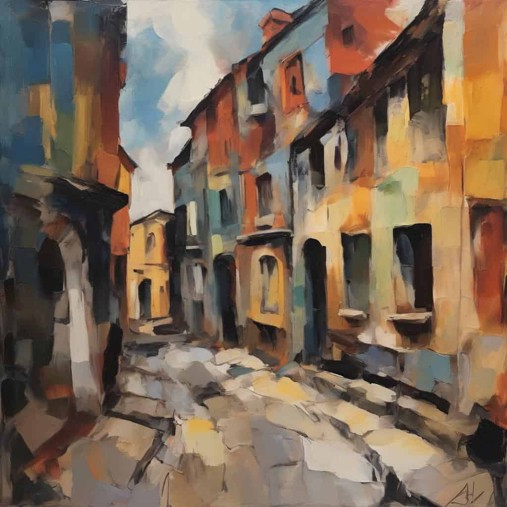 Ζωγραφιά με παλιά κτήρια και δρομάκι, τέχνη, καλλιτεχνική αναγνώριση, ατελιέ, ρεαλιστικό, ελληνική πόλη.