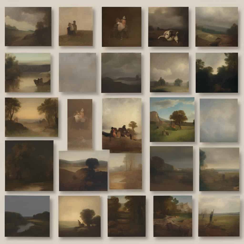 Χαρακτηριστικά εικαστικά έργα τοπίου και ανθρώπων, που εκφράζουν την πορεία προς την καλλιτεχνική αναγνώριση.